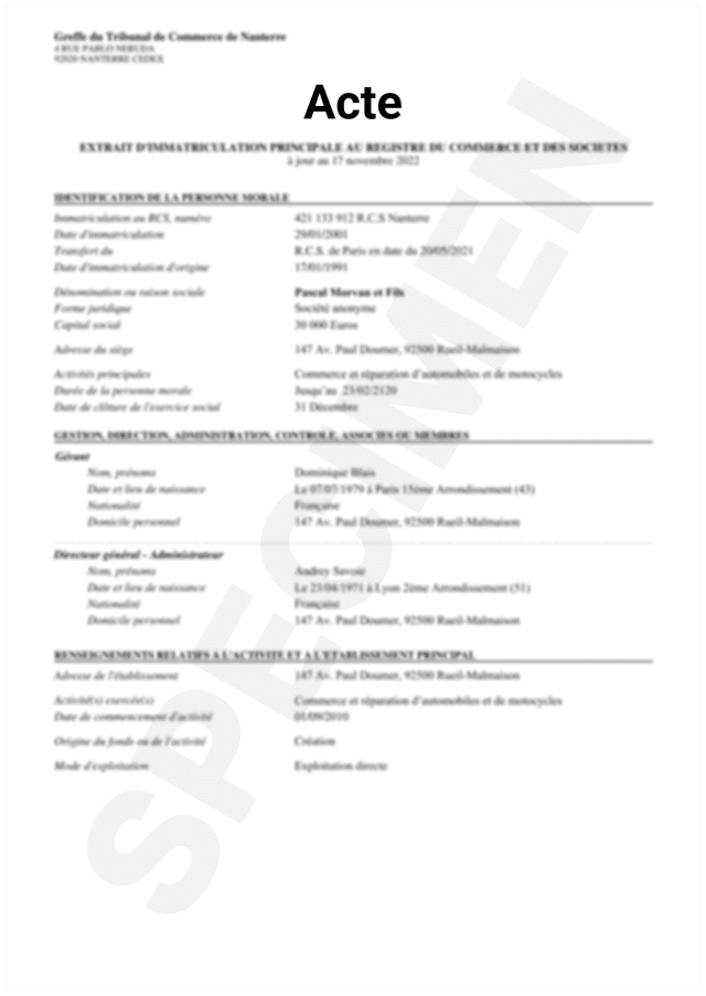 Exemple d’un document d'acte déposé au greffe du Tribunal de commerce