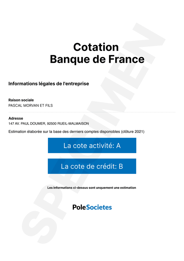 Exemple de document de cotation Banque de France