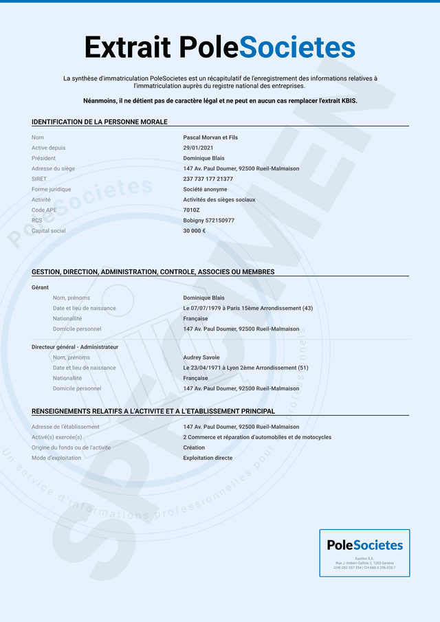 Exemple document de synthèse d’immatriculation PoleSocietes