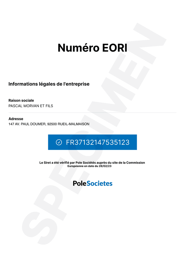 Exemple de document avec le numéro communautaire d'identification EORI