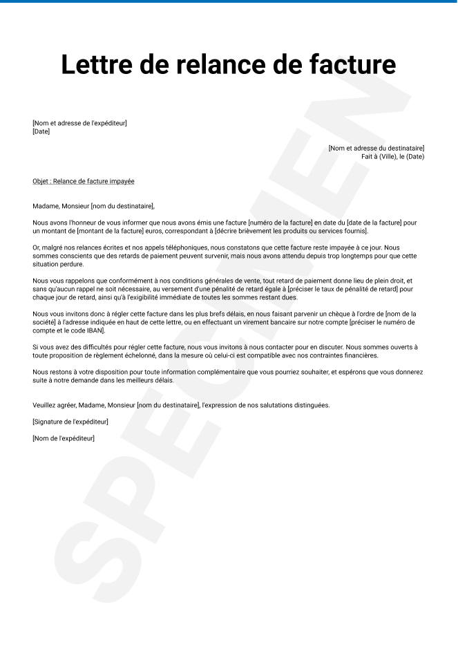 Lettre de relance de facture