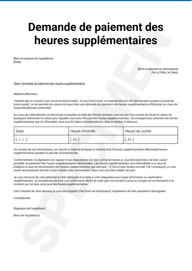 Demande de paiement des heures supplémentaires